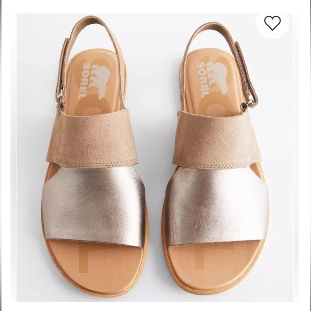 Sorel Silver Metallic and Tan Suede Slingback Sandals